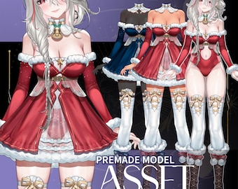 Puede incluir: Ilustración de un personaje femenino con un atuendo rojo y blanco con temática navideña. La imagen incluye el texto "Live2d" y "PREMADE MODEL ASSET". El personaje lleva un vestido con ribete de piel blanca, un sombrero a juego y medias blancas con lazos dorados.