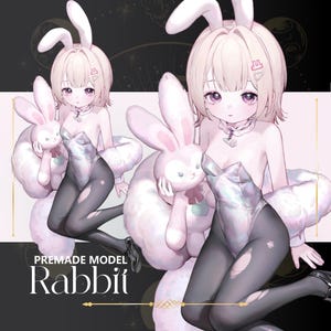 Puede incluir: Una ilustración digital de un personaje que lleva un disfraz de conejo blanco con un cuello blanco esponjoso y medias negras. El personaje sostiene un peluche de conejo blanco. La imagen tiene el texto "PREMADE MODEL Rabbit" en la parte inferior.