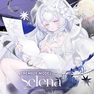 Puede incluir: Ilustración de un personaje llamado Selena, con pelo largo blanco y un vestido blanco, sosteniendo una pluma y papel. La imagen tiene un tema celestial con estrellas y una luna creciente. El texto dice "PREMADE MODEL Selena".