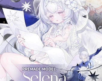 May include: An illustration of a character named Selena, with long white hair and a white dress, holding a quill and paper. The image has a celestial theme with stars and a crescent moon. Text reads "PREMADE MODEL Selena".