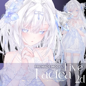 May include: A digital illustration of a character with long white hair and blue eyes, wearing a white ruffled dress with blue accents and lace details. The character has a headpiece with ribbons and pearls. Text reads: PREMADE MODEL Lactea Live 2d.