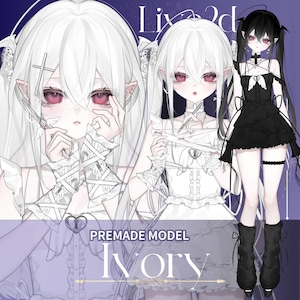 May include: A digital art image featuring a premade model named "Ivory." The artwork showcases a character with pale skin, long white hair, and red eyes. The character is depicted in multiple poses, wearing a black dress and white outfits. The image has a gothic anime style.