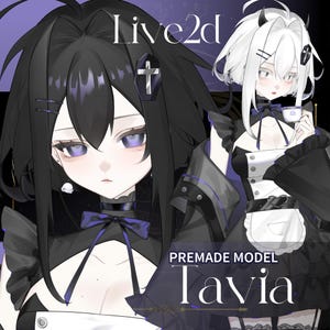 Może przedstawiać: Cyfrowa ilustracja gotowego modelu Live2d o nazwie Tavia. Model przedstawia dwie postacie w stylu anime z czarnymi i białymi włosami, ubrane w gotyckie stroje. Widoczny jest tekst "Live2d" i "PREMADE MODEL Tavia".