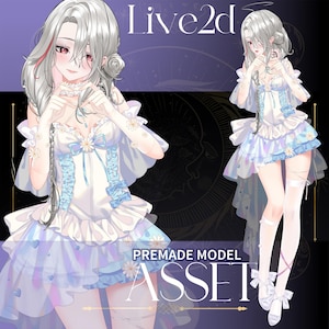 Puede incluir: Ilustración digital de un personaje femenino con cabello plateado y un vestido blanco y azul. El vestido presenta detalles florales y de corazón. El texto "Live2d" está en la parte superior y "PREMADE MODEL ASSET" en la parte inferior.