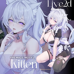 Op de afbeelding: Illustratie van een kant-en-klaar model genaamd "Kitten". Het model heeft wit haar, paarse ogen en kattenoren. Het model draagt een dienstmeisjesoutfit met een choker en bel. De tekst "Live2d" staat rechtsboven.