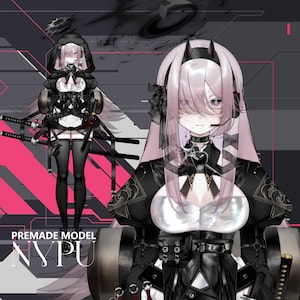 May include: A digital illustration of a female anime character with long pink hair, wearing a black and white outfit with a silver chest piece and a black choker. The character is holding two swords and has a black headband with horns. The image has the text "PREMADE MODEL NYPU" at the bottom.