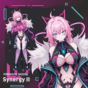 May include: Digital artwork of a character with pink hair, blue eyes, and cat-like ears. The character is dressed in a black and pink outfit with a white fur collar. The text "PREMADE MODEL Synergy II" is displayed at the bottom.