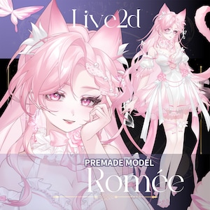 May include: Digital illustration of a pink-haired anime character with cat ears, wearing a white and pink dress. The image includes the text "Live2d" and "PREMADE MODEL Romée". The character has pink eyes and is adorned with bows and roses.