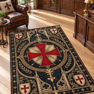 Puede incluir: Una alfombra rectangular que presenta un emblema de cruz roja central dentro de un marco circular, rodeado de intrincados motivos arquitectónicos góticos, filigrana dorada y pequeños iconos de escudos con cruces rojas sobre fondo azul oscuro.