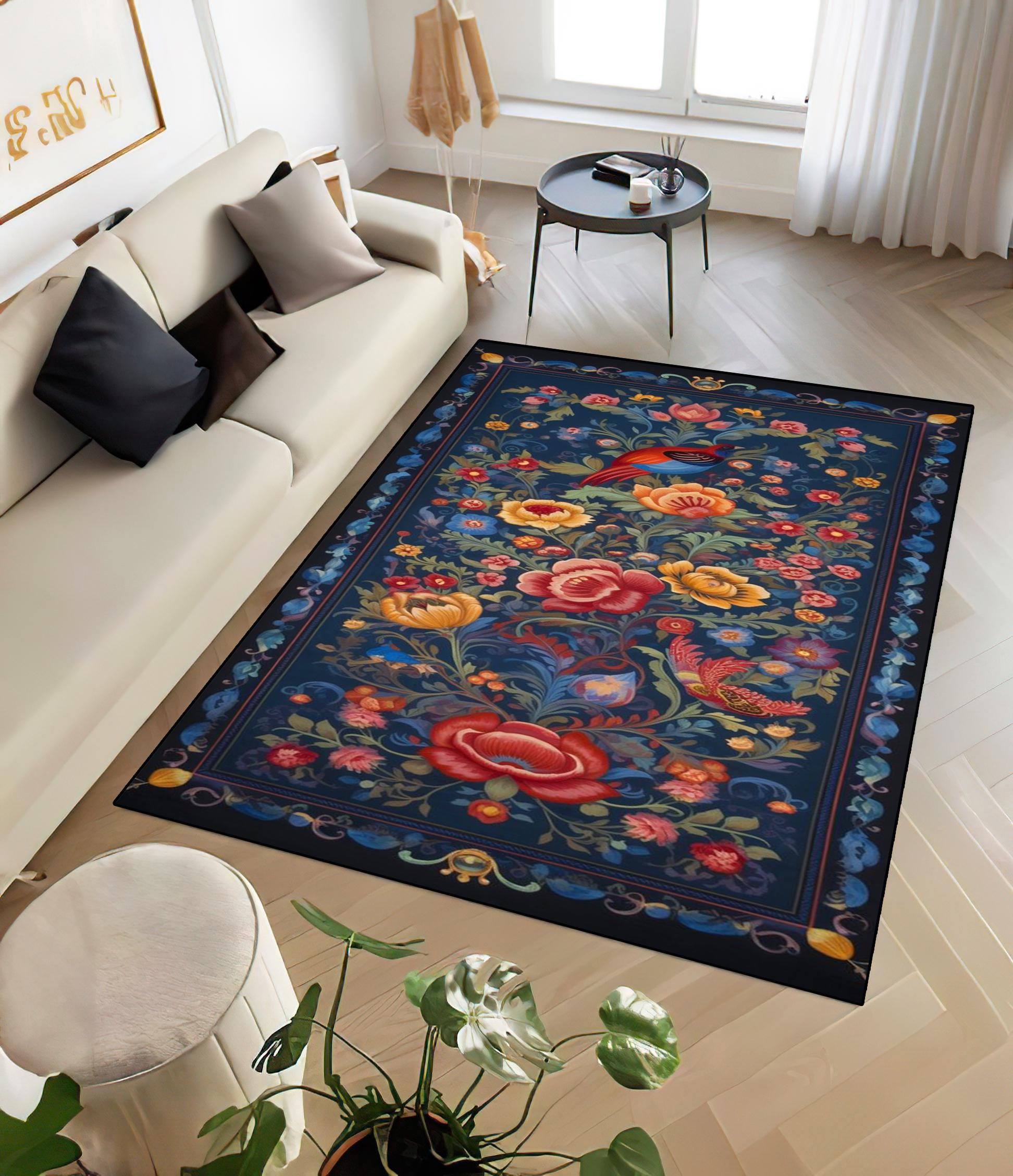ネイビーブルーの花柄ラグ：ゴシックスタイル、滑り止め、洗濯機洗い