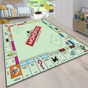 May include: A rectangular Monopoly game rug with a light green background. The rug features the game board layout, including property spaces, Chance and Community Chest areas, and the Monopoly logo in red. The rug is designed for indoor use.