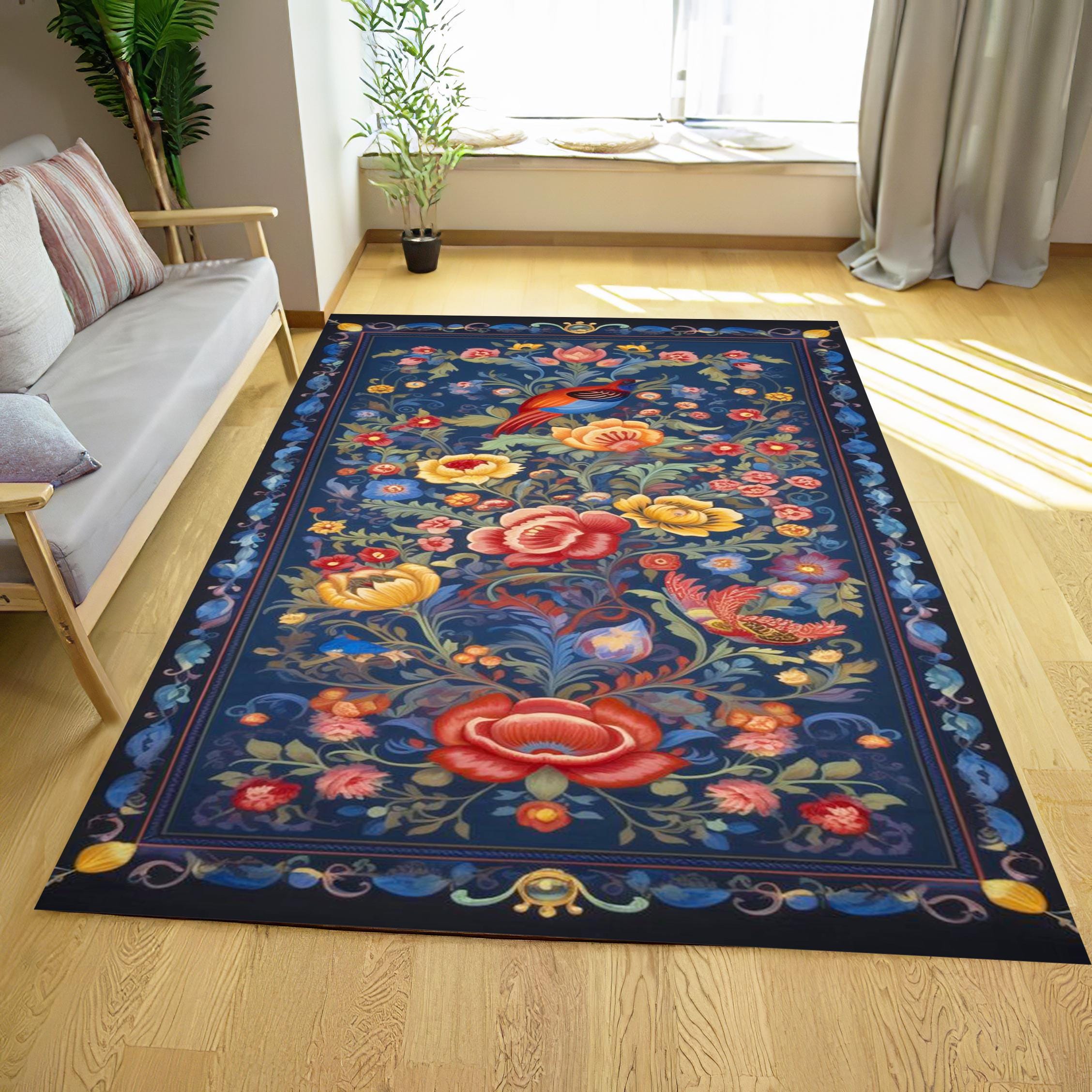 新品未使用 ネイビーとクリームの花柄ラグ ネイビーブルーの花柄ラグ：ゴシックスタイル、滑り止め、洗濯機洗い