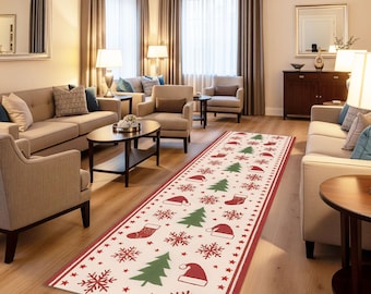 May include: A rectangular Christmas-themed runner rug with a cream background and a red border. The rug features repeating patterns of green Christmas trees, red Santa hats, red snowflakes, and red stockings. The rug is placed on a hardwood floor in a living room.