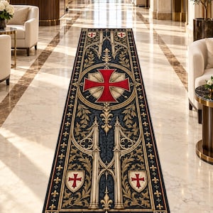 May include: A long rectangular runner rug featuring a dark blue background with gold gothic architectural motifs, ornate foliage, and a prominent red cross emblem. The border is decorated with a repeating gold fleur-de-lis pattern.