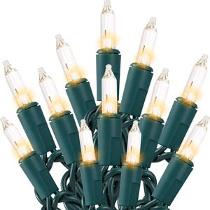 May include: A string of clear incandescent mini lights with a dark green wire and base. Each small glass bulb emits a warm, glowing light, and the bulbs are arranged in a cluster with the dark green cord coiled beneath them.