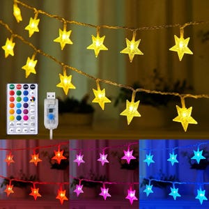 May include: A string of star-shaped LED lights with a USB connector and a multi-button remote control. The lights emit various colors including yellow, red, purple, and blue, and are arranged on a thin, flexible wire for decorative illumination.