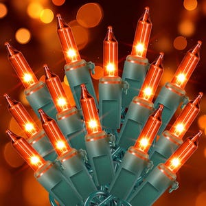 May include: A string of orange incandescent holiday lights featuring small, glowing bulbs set in dark green plastic sockets. The lights are arranged in a cluster, with each bulb emitting a warm, bright orange glow against a dark background.