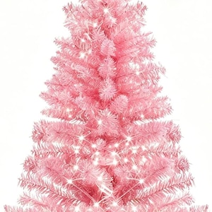 May include: A tall, artificial Christmas tree with bright pink needles and branches. The tree is illuminated with small, clear white string lights distributed throughout the foliage and stands on a four-legged pink plastic base.