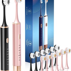 Black & Pink Electric Toothbrush for Adults, 2 Pack Toothbrush，Usb Rechargeable Sonic Toothbrush with 12 Brush Heads, Smart Timer, 6 Modes,