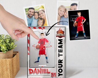 Basketball Player Rotating Photo with Name & Number – Custom Sports Gift for Kids – Basketball Photo Display – Coach Gift Baseball Softball