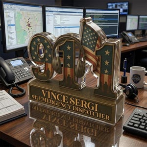 May include: A commemorative 911 dispatcher award featuring the numbers "911" with an American flag design and a headset. The base of the award reads "VINCE SERGI 911 EMERGENCY DISPATCHER". The award is displayed on a wooden desk.