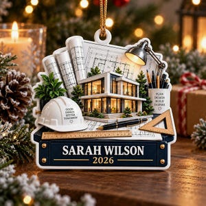 May include: A decorative ornament featuring a miniature modern house, blueprints, a white hard hat with the text 'GOOD DESIGN BETTER TOMORROW', a pen, a ruler, a triangle, and a cup labelled 'PLAN DESIGN BUILD INSPIRE'. It displays 'SARAH WILSON 2026'.
