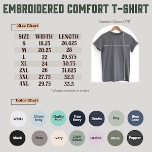 May include: A grey short-sleeve t-shirt labeled Comfort Colors C1717, accompanied by a size chart with measurements in inches ranging from 18.25 to 33.5, and a color chart displaying 14 circular swatches including white, black, grey, and various shades.