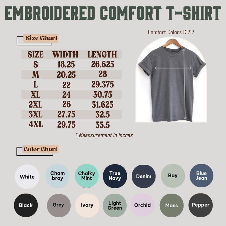 May include: A grey short-sleeve t-shirt labeled Comfort Colors C1717, accompanied by a size chart with measurements in inches ranging from 18.25 to 33.5, and a color chart displaying 14 circular swatches including white, black, grey, and various shades.