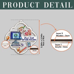 Op de afbeelding: Een decoratief acryl en houten ornament met een computer, notitieblok, tandwielen en andere pictogrammen die gerelateerd zijn aan softwareontwikkeling. Het ornament is 9 cm x 9 cm en is voorzien van het label "David Smith SOFTWARE DEVELOPER".