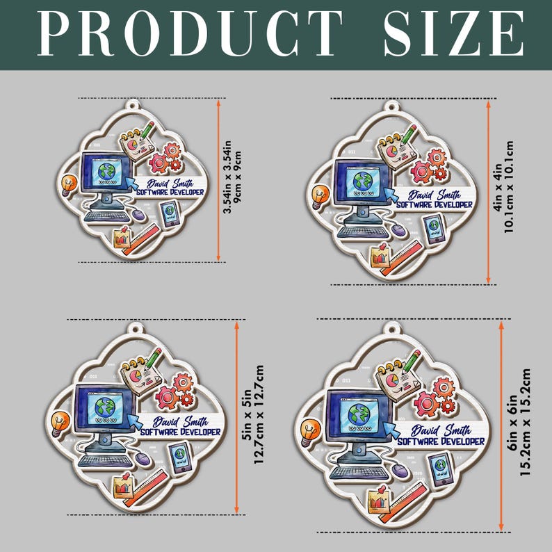 Op de afbeelding: Vier decoratieve ornamenten met computer- en softwaregerelateerde afbeeldingen. Elk ornament heeft een andere grootte, vari&euml;rend van 9 cm tot 15,2 cm hoog. De tekst "David Smith SOFTWARE DEVELOPER" is inbegrepen.