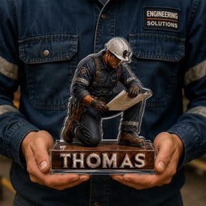 May include: A clear acrylic display featuring a kneeling engineer wearing a hard hat, work shirt, and trousers, holding a blueprint. The figure stands on a rectangular base with a wood-grain finish and the name THOMAS printed in bold, metallic letters.