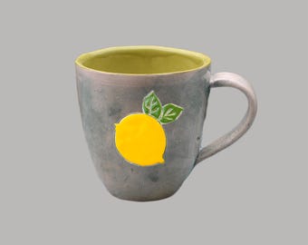 Handmade Ceramic Bell Cup with Lemon Illustration, 300ml Volume
