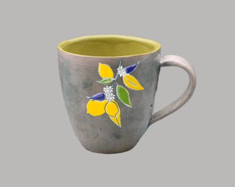 Handmade Ceramic Bell Cup with Lemon Branch Illustration