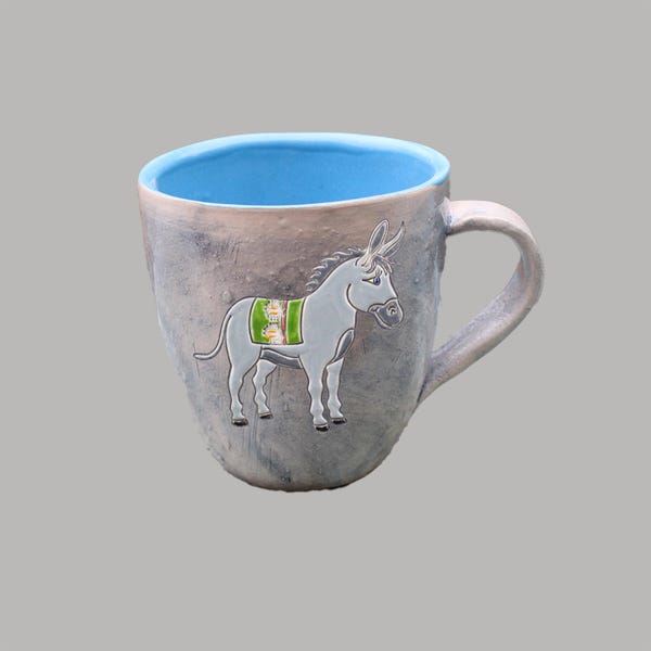 Handmade Ceramic Bell Cup with Donkey Illustration (300ml)
