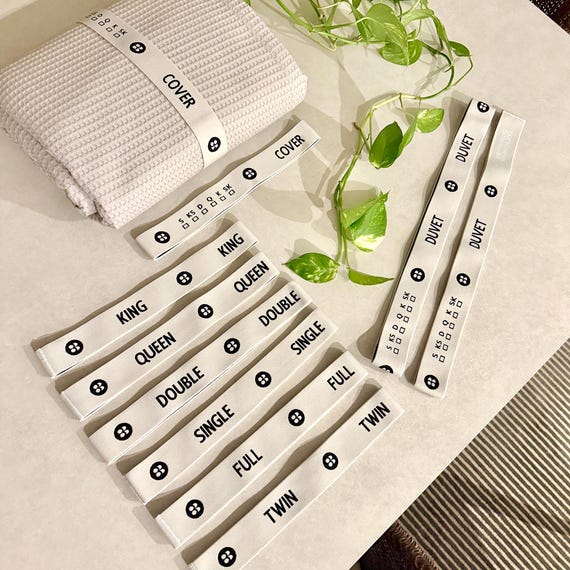 8x Bed Sheet Organiser Bands, CHOOSE your SIZE labels. Linen organisers for a tidy cupboard, elastic strap sheet sets keeper. Carbon Offset!