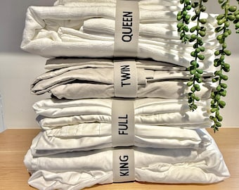 4 bandas organizadoras de sábanas / Tamaños variados / Solución para guardar ropa de cama / Correas organizadoras de juegos de sábanas / Agrupador de ropa de cama para mantener la ropa de cama ordenada