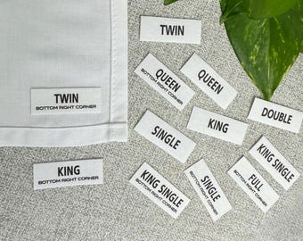 Bed Sheet Set Labels Iron-On Linen Organiser tags. Set of 4. CHOOSE YOUR SIZE. 2x labels with size name only and 2x with the size + position