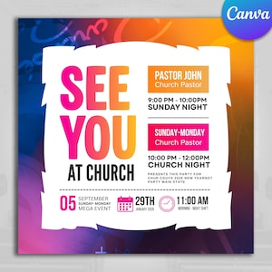 Puede incluir: Un folleto colorido que promociona un evento de la iglesia, con el texto "SEE YOU AT CHURCH" en rosa y naranja. El diseño incluye detalles del evento, fechas y horarios, sobre un fondo degradado de azul, morado y naranja.