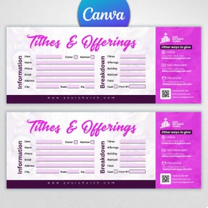 May include: Two pink and white Tithes & Offerings forms with the Canva logo in the upper left corner. The forms include sections for information and breakdown, with a purple sidebar listing ways to give, including online and text messages.