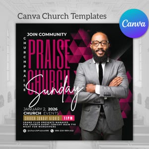 May include: A black and pink flyer with a man in a suit and tie. The flyer advertises a church event called "Praise Church Sunday" on January 2, 2026 at 11 PM. The flyer includes the text "Join Community" and "Church Sunday Nights".
