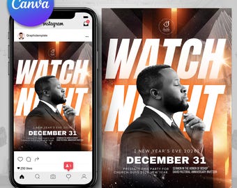 Volante de la Iglesia para la Noche de Vigilia, Volante para el Servicio de Nochevieja, Volante editable en Canva, Diseño cruzado para los Servicios de Nochevieja, Aniversario pastoral