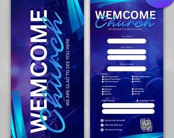 Pode incluir: Um folheto de duas faces com um fundo gradiente azul escuro e verde-azulado. O folheto diz "WEMCOME Church" em branco e em escrita verde-azulado. O folheto inclui campos para nome, endereço e número de telefone, juntamente com caixas de seleção para vários interesses e pedidos.
