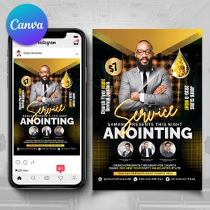 May include: A promotional flyer and Instagram post for a church service. The flyer features a man in a suit, the word "Service" in gold script, and the text "Anointing." The Instagram post shows the flyer on a phone.