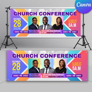May include: A banner advertising a church conference, with the words "CHURCH CONFERENCE" in purple. The banner displays dates, times, and images of three individuals. The banner is supported by a black tripod stand.
