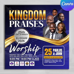 Puede incluir: Un gráfico promocional para un evento de la iglesia. El diseño presenta las palabras "Kingdom Praises" en dorado, con detalles del evento que incluyen la fecha, la hora y el lugar. La imagen incluye retratos de varias personas y la palabra "Worship".