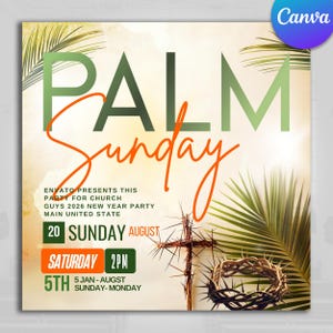 Puede incluir: Un folleto cuadrado con las palabras "PALM Sunday" en verde y naranja. El folleto incluye texto para una fiesta de la iglesia y una fiesta de Año Nuevo. Una cruz y una corona de espinas están en la esquina inferior derecha, con hojas de palma en el fondo.