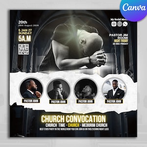 May include: A promotional flyer for a church convocation event. The design features a central image of a person with their head bowed in prayer, surrounded by text and images of pastors. The flyer includes event details.