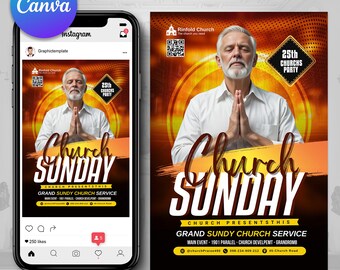 Könnte beinhalten: Werbegrafik für eine Kirchenveranstaltung, angezeigt auf einem Smartphone und einem Flyer. Das Design zeigt einen Mann mit gefalteten Händen, den Text "Church Sunday" und Veranstaltungsdetails. Das Farbschema umfasst Orange, Gelb und Schwarz.