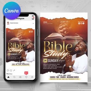 Puede incluir: Un folleto y un teléfono muestran un diseño para un evento de estudio bíblico. El diseño presenta a un hombre sonriendo, con las manos juntas en oración, y las palabras "Bible Study" en oro. La fecha es el 20 de agosto.
