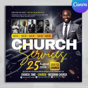 Puede incluir: Un folleto promocional para un servicio religioso, con un hombre sonriente con traje. El folleto incluye el texto "CHURCH SERVICES" en letras blancas grandes, junto con los detalles del evento, las fechas y la información de contacto.